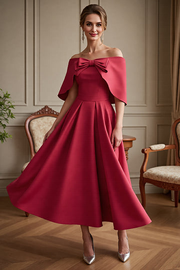 Off The Shoulder Red A Line Wedding Guest Dress with Bow